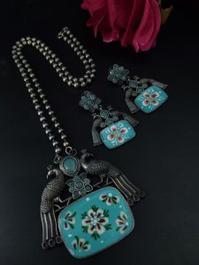 Traditional Best Hand Painted Peacock Necklace Set | Silver Plated Ethnic Jewelry with Stone Work - color: "Mint"