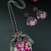 Hand-painted peacock necklace set with silver plating and stones
