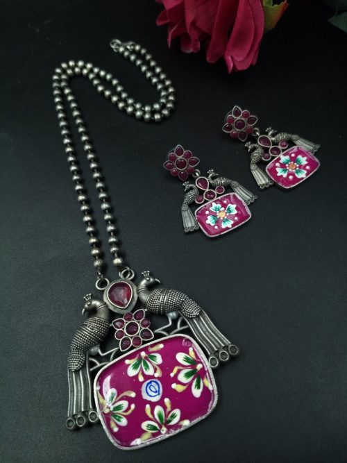 Hand-painted peacock necklace set with silver plating and stones