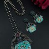 Hand-painted peacock necklace set with silver plating and stones