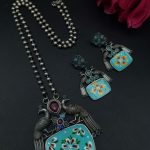 Traditional Best Hand Painted Peacock Necklace Set | Silver Plated Ethnic Jewelry with Stone Work - "Mint-Multi"