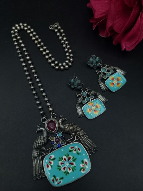 Hand-painted peacock necklace set with silver plating and stones