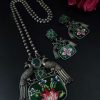 Hand-painted peacock necklace set with silver plating and stones