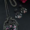 Hand-painted peacock necklace set with silver plating and stones