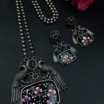 Traditional Best Hand Painted Peacock Necklace Set | Silver Plated Ethnic Jewelry with Stone Work - "Black"