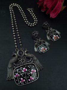 Traditional Best Hand Painted Peacock Necklace Set | Silver Plated Ethnic Jewelry with Stone Work - color: "Black"