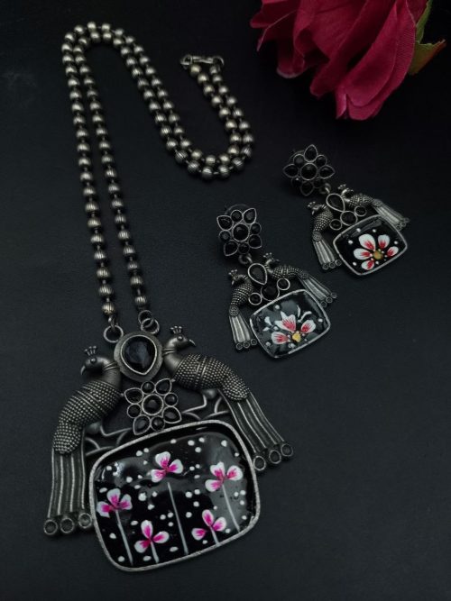 Hand-painted peacock necklace set with silver plating and stones