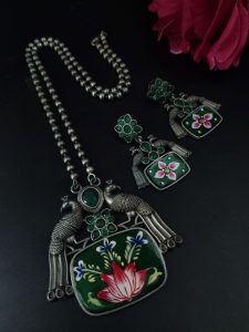 Traditional Best Hand Painted Peacock Necklace Set | Silver Plated Ethnic Jewelry with Stone Work - color: "Green"