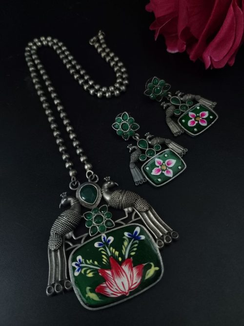 Hand-painted peacock necklace set with silver plating and stones