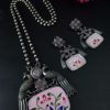 Hand-painted peacock necklace set with silver plating and stones