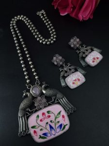 Traditional Best Hand Painted Peacock Necklace Set | Silver Plated Ethnic Jewelry with Stone Work - color: "Baby Pink"