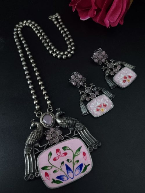 Hand-painted peacock necklace set with silver plating and stones