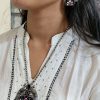 Hand painted peacock necklace set with silver plating and stones