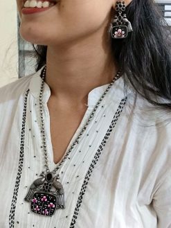 Hand painted peacock necklace set with silver plating and stones