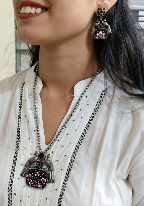 Hand painted peacock necklace set with silver plating and stones