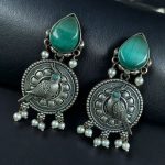 Antique Silver Parrot Dangler Earrings with Stone & Pearl – Perfect for Ethnic Looks - "Mint"