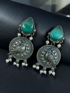 Antique Silver Parrot Dangler Earrings with Stone & Pearl – Perfect for Ethnic Looks - color: "Mint"