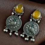 Antique Silver Parrot Dangler Earrings with Stone & Pearl – Perfect for Ethnic Looks - "Yellow-Green"
