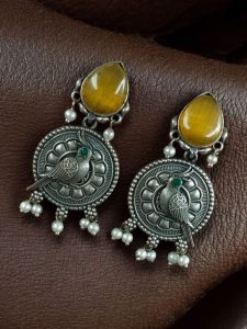 Antique Silver Parrot Dangler Earrings with Stone & Pearl – Perfect for Ethnic Looks - color: "Yellow-Green"