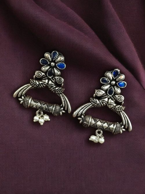 German silver peacock stud earrings with pearl and stone detailing