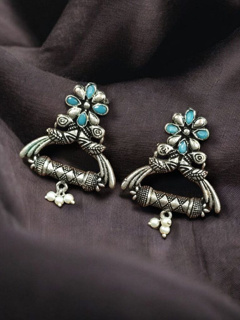 Handmade Peacock Stud Earrings | German Silver Stone & Pearl Work with Best Traditional Look Jewelry