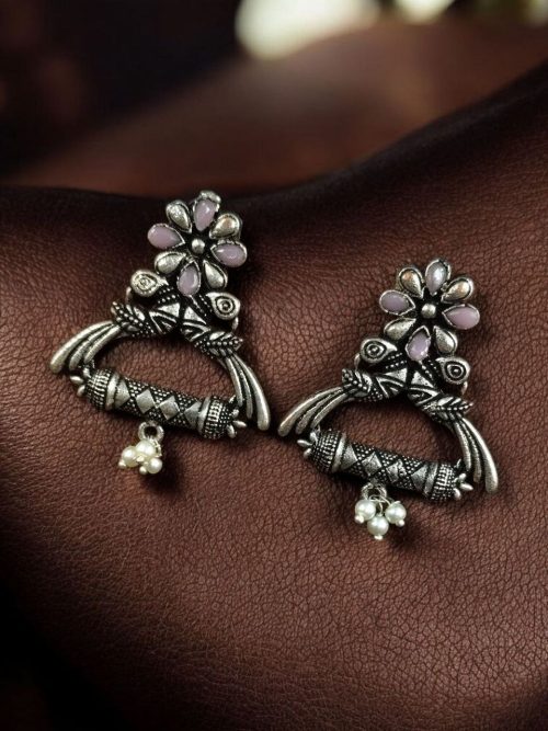 German silver peacock stud earrings with pearl and stone detailing