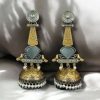 Two-tone oxidized bird jhumka earrings with Monalisa stone and pearl drop