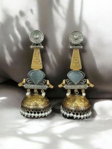 Affordable Bird Design Two-Tone Jhumka Earrings | Oxidized Monalisa Stone & Pearl Work Dangler Jewelry for Party Wear - color: "Grey"