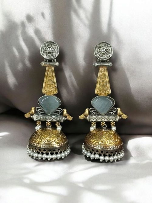 Two-tone oxidized bird jhumka earrings with Monalisa stone and pearl drop