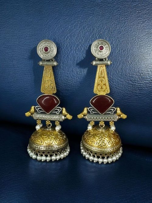 Two-tone oxidized bird jhumka earrings with Monalisa stone and pearl drop