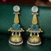 Two-tone oxidized bird jhumka earrings with Monalisa stone and pearl drop