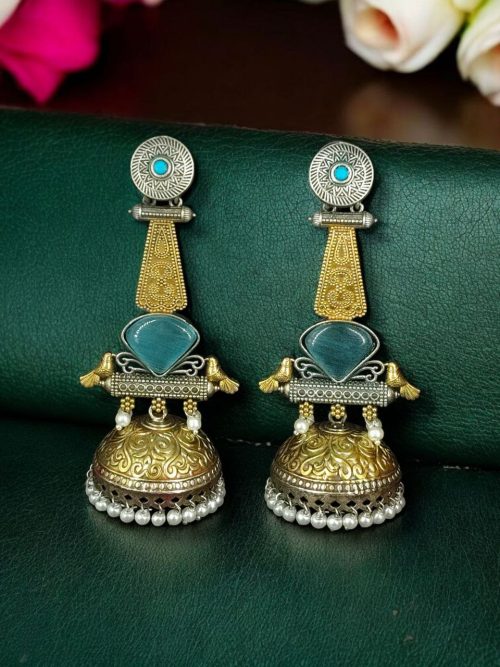 Two-tone oxidized bird jhumka earrings with Monalisa stone and pearl drop