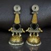 Two-tone oxidized bird jhumka earrings with Monalisa stone and pearl drop
