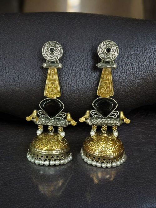 Two-tone oxidized bird jhumka earrings with Monalisa stone and pearl drop