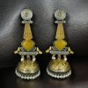 Two-tone oxidized bird jhumka earrings with Monalisa stone and pearl drop