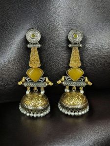 Affordable Bird Design Two-Tone Jhumka Earrings | Oxidized Monalisa Stone & Pearl Work Dangler Jewelry for Party Wear - color: "Yellow"