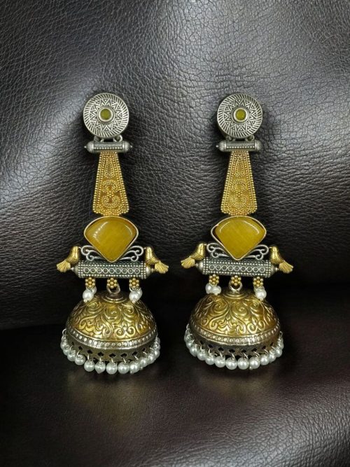 Two-tone oxidized bird jhumka earrings with Monalisa stone and pearl drop