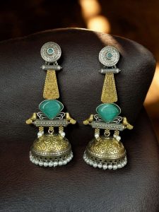 Affordable Bird Design Two-Tone Jhumka Earrings | Oxidized Monalisa Stone & Pearl Work Dangler Jewelry for Party Wear - color: "Mint"