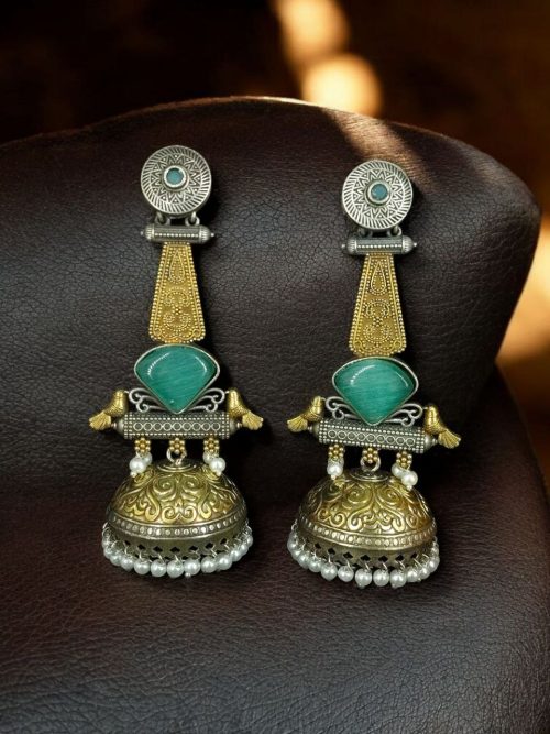 Two-tone jhumka earrings with Monalisa stone and pearl drop