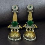 Affordable Bird Design Two-Tone Jhumka Earrings | Oxidized Monalisa Stone & Pearl Work Dangler Jewelry for Party Wear - "Green"