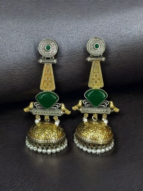 Two-tone oxidized bird jhumka earrings with Monalisa stone and pearl drop