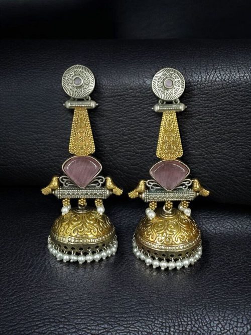 Two-tone oxidized bird jhumka earrings with Monalisa stone and pearl drop