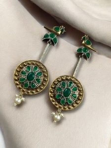 Traditional Bird Design Dangler Earrings | Two-Tone Beautiful Jewelry with Pearl & Stone Work - color: "Green"