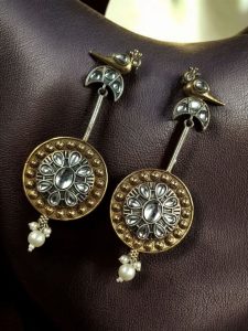 Traditional Bird Design Dangler Earrings | Two-Tone Beautiful Jewelry with Pearl & Stone Work - color: "White"