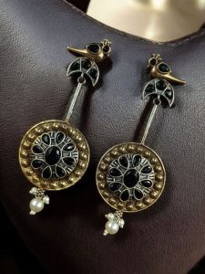 Traditional Bird Design Dangler Earrings | Two-Tone Beautiful Jewelry with Pearl & Stone Work - color: "Black"