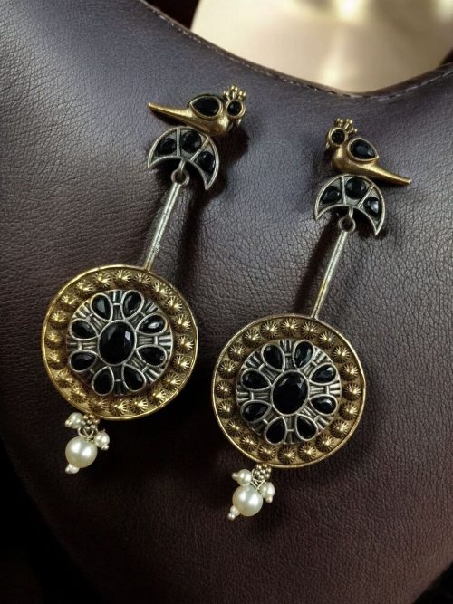 Two-tone traditional bird design dangler earrings with pearl and stone work
