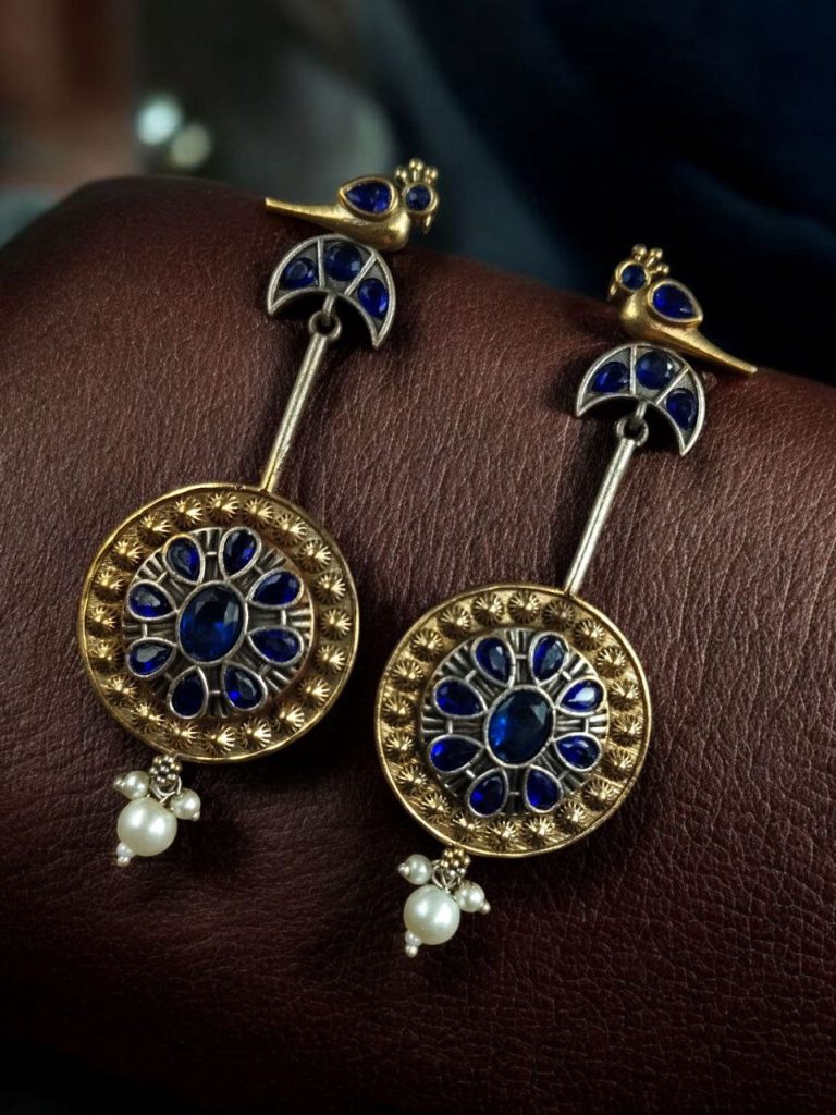 Bulk 950 Traditional Bird Design Dangler Earrings | Two-Tone Beautiful Jewelry with Pearl & Stone Work - "Blue"