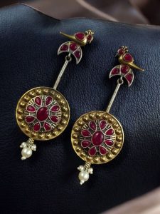 Traditional Bird Design Dangler Earrings | Two-Tone Beautiful Jewelry with Pearl & Stone Work - color: "Red"