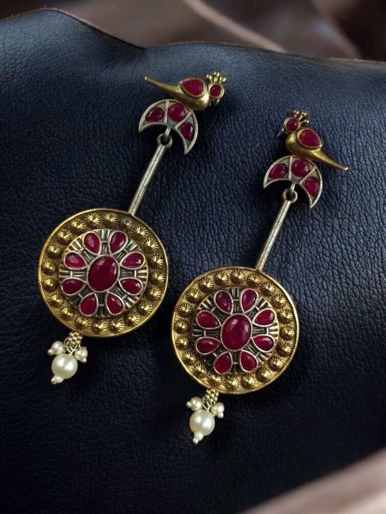 Bulk 952 Traditional Bird Design Dangler Earrings | Two-Tone Beautiful Jewelry with Pearl & Stone Work - "Red"