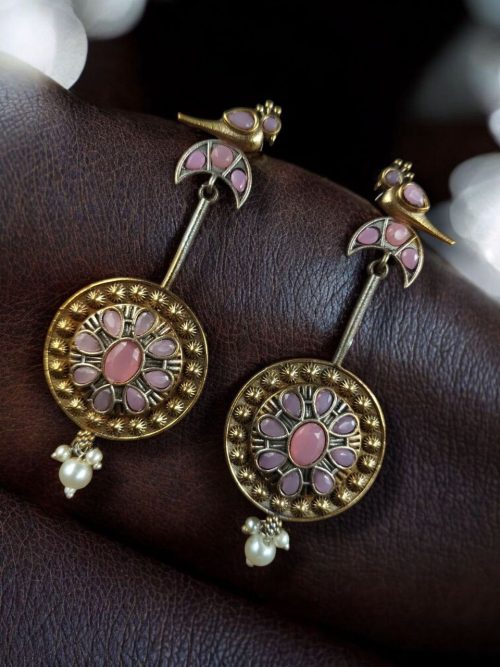 Two-tone traditional bird design dangler earrings with pearl and stone work